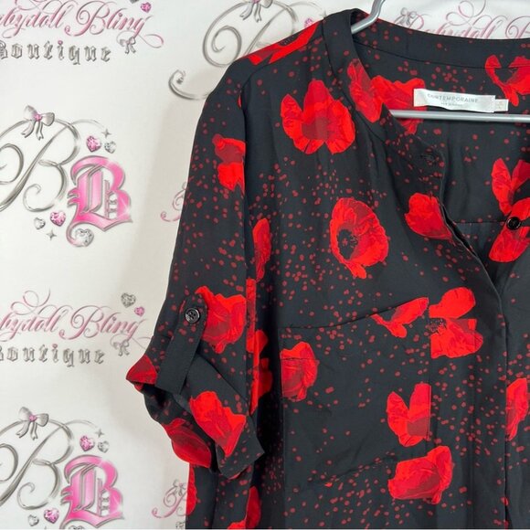 Contemporaine par Simon’s dress poppy poppies Stylish Red and Black Women's Top - Picture 6 of 12